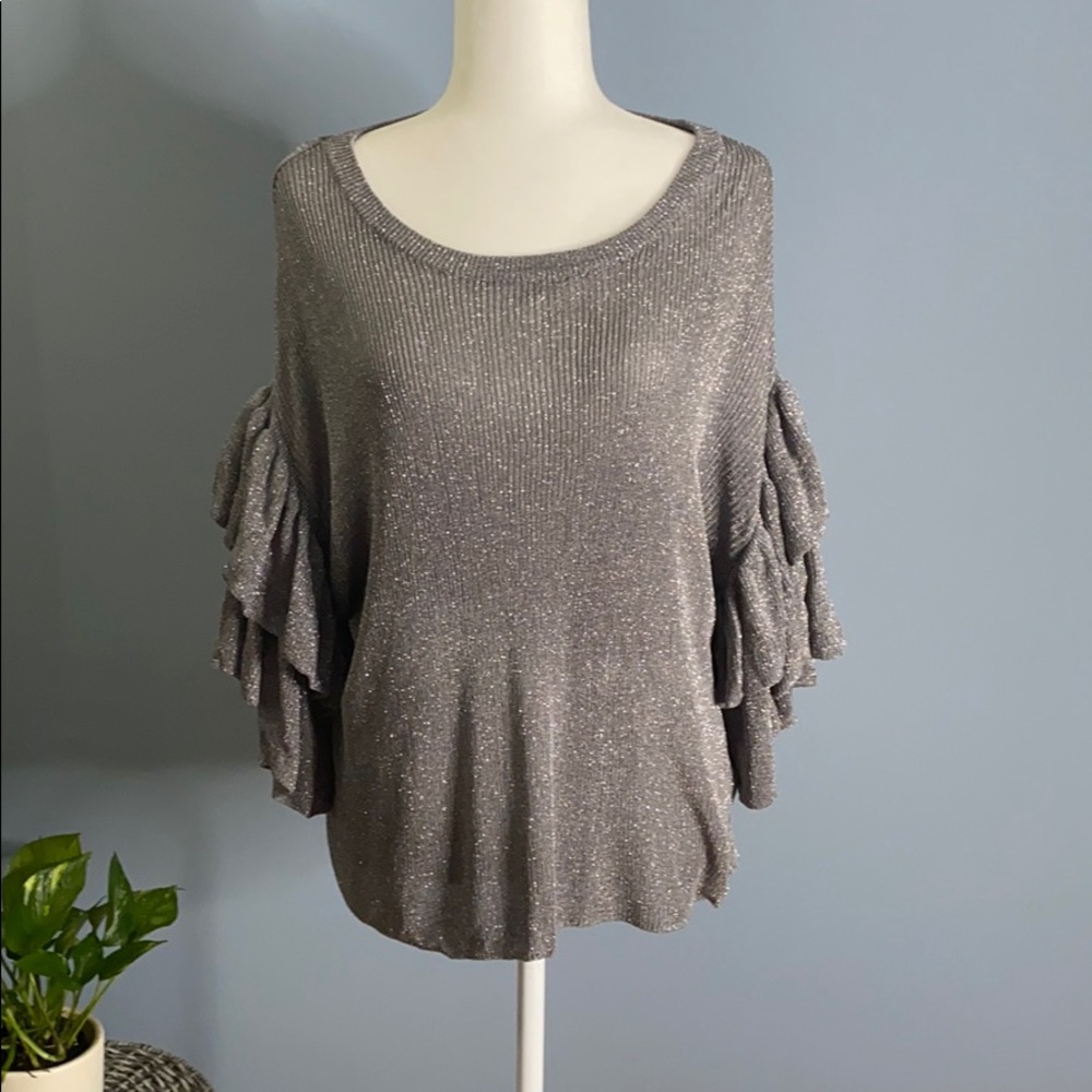 H&M Metallic Silver Knit top w/ Ruffle Sleeves